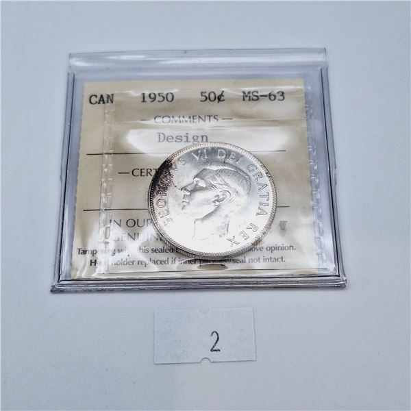 ICCS Graded MS-63 1950 Canadian Fifty Cent Silver Coin