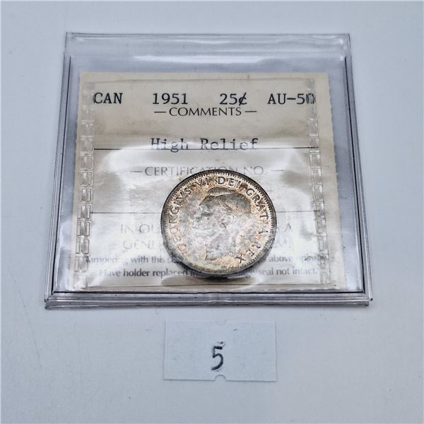 ICCS Graded AU-50 1951 Canadian Twenty-Five Cent Silver Coin