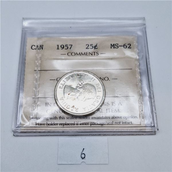 ICCS Graded MS-62 1957 Canadian Twenty-Five Cent Silver Coin