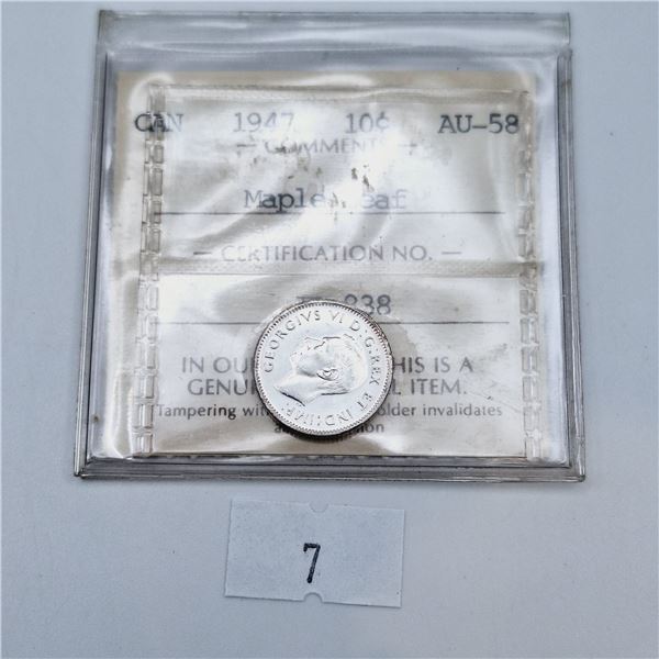 ICCS Graded AU-58 1947 Canadian Ten Cent Silver Coin
