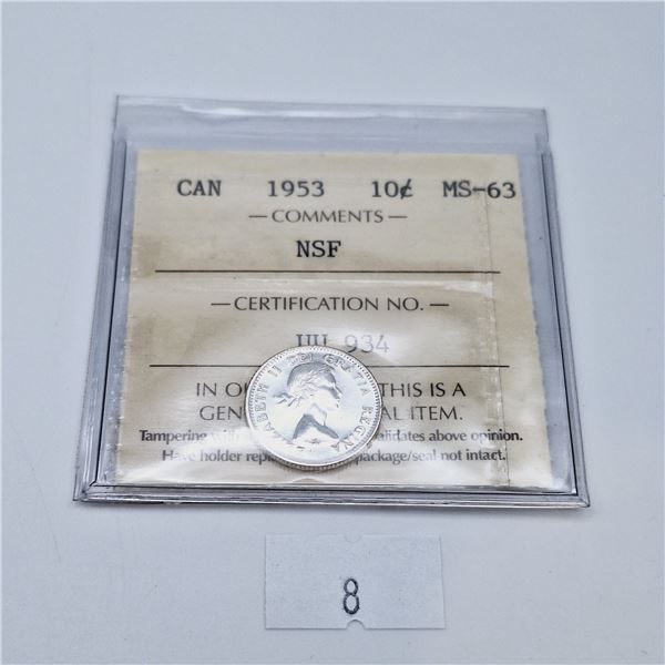 ICCS Graded MS-63 1953 Canadian Ten Cent Silver Coin