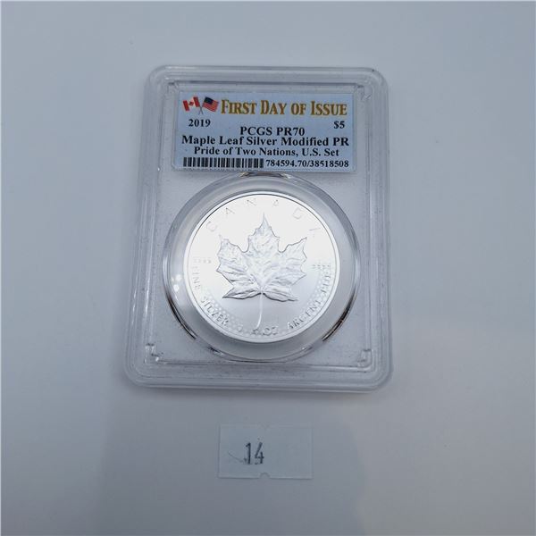 PCGS Graded MS70 Maple Leaf Modified PR - Pride of Two Nations One Oz Silver Coin