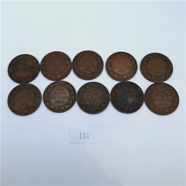 Ten Canadian Large One Cent Coins
