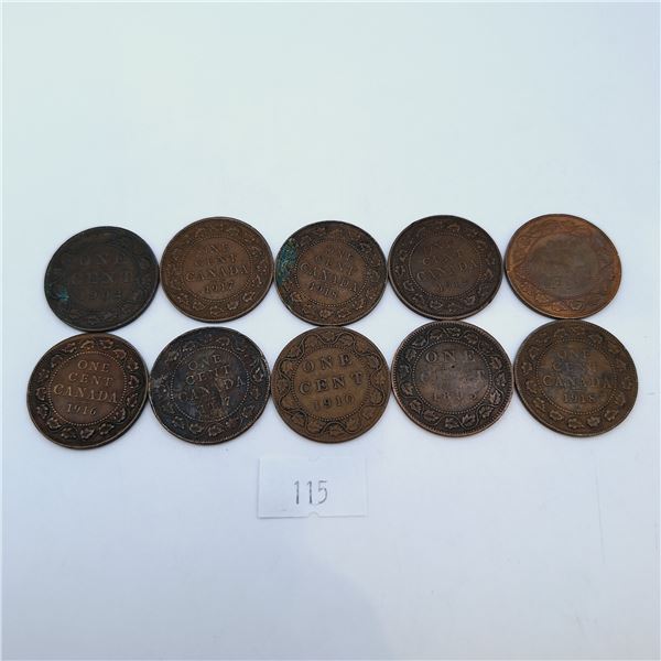Ten Canadian Large One Cent Coins