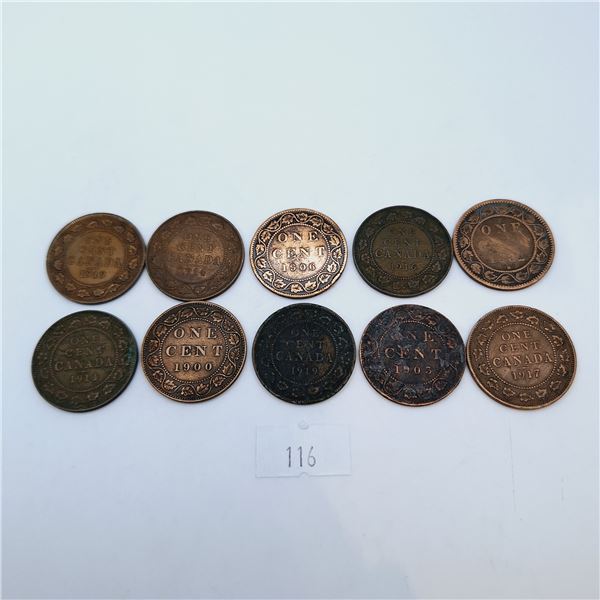 Ten Canadian Large One Cent Coins
