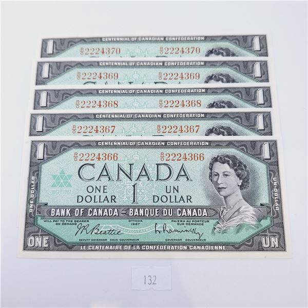 Five Consecutive 1967 One Dollar Canadian Banknotes