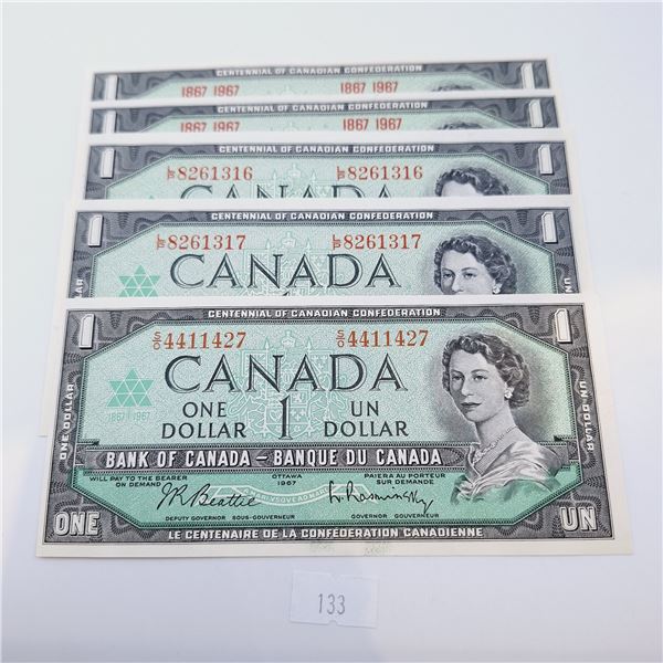Five 1967 One Dollar Canadian Banknotes