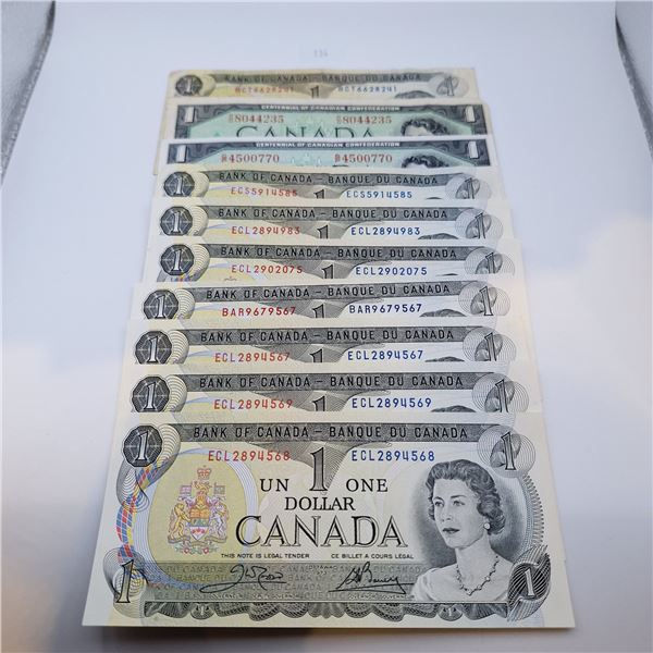 Ten One Dollar Canadian Banknotes