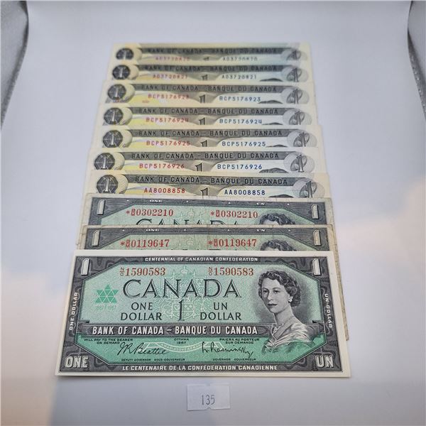 Ten One Dollar Canadian Banknotes