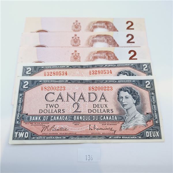 Five Canadian Two Dollar Banknotes