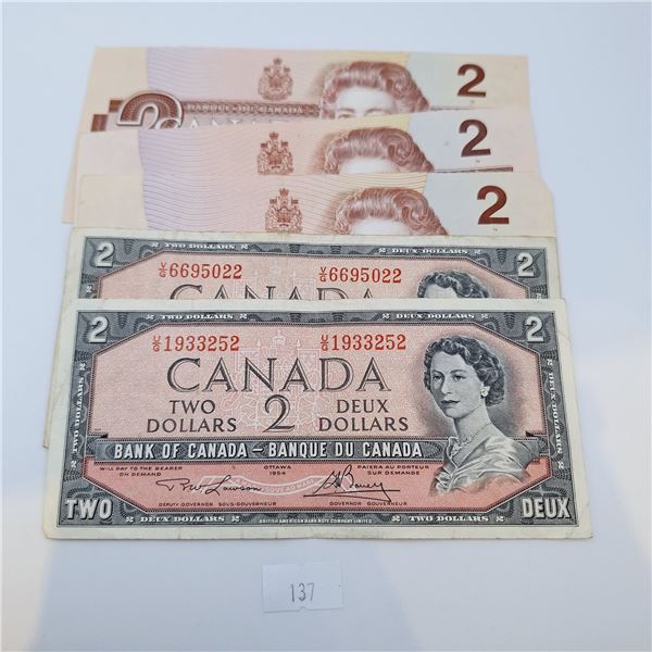 Five Canadian Two Dollar Banknotes