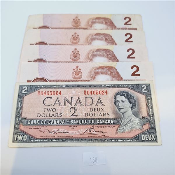 Five Canadian Two Dollar Banknotes