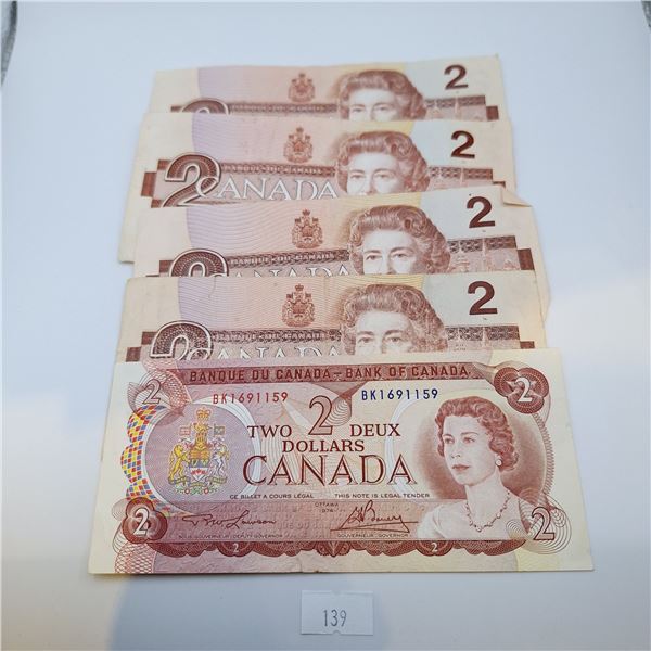 Five Canadian Two Dollar Banknotes