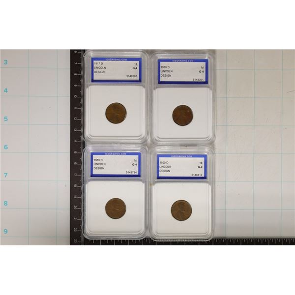 4 LINCOLN WHEAT CENTS: 1917-D,18-D, 19-D & 20-D