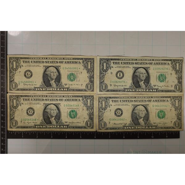 1963-A, 63-B, 74 & 1977 US $1 FRN STAR NOTES GREEN