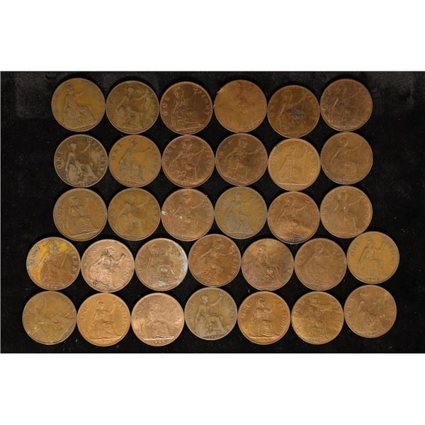 22 GREAT BRITAIN 1 PENNY COINS: 1909-1965. SOME