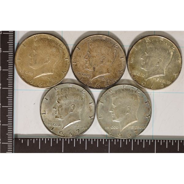 5-SILVER KENNEDY HALF DOLLARS: 3-1964 90% AND