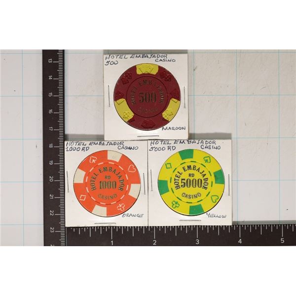 3-HOTEL EMBAJADOR PUERTO RICO CLAY CASINO CHIPS