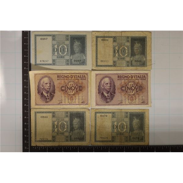 6 ITALIAN LIRE BILLS: 2-1940 FIVE LIRE, 1935-TEN