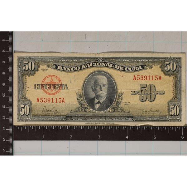 1950 CUBA 50 PESO BILL INK ON OBVERSE LEFT SIDE OF