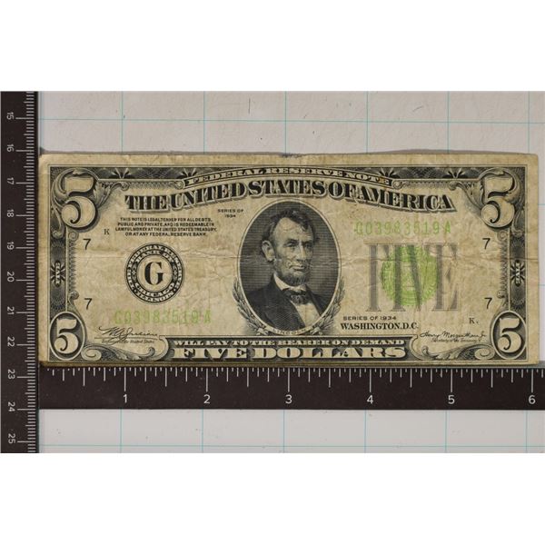 1934 US $5 FRN GREEN SEAL SLIGHT MISCUT ON BOTTOM