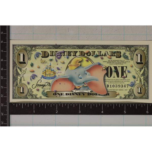 2005 DISNEY $1 CRISP UNC COLORIZED BILL "DUMBO"