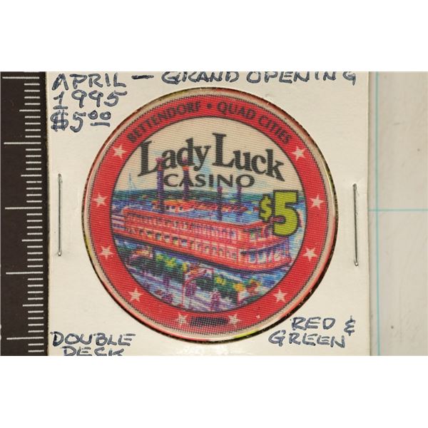 $5 LUCKY LADY CASINO CHIP RIVERBOAT CASINO 1995