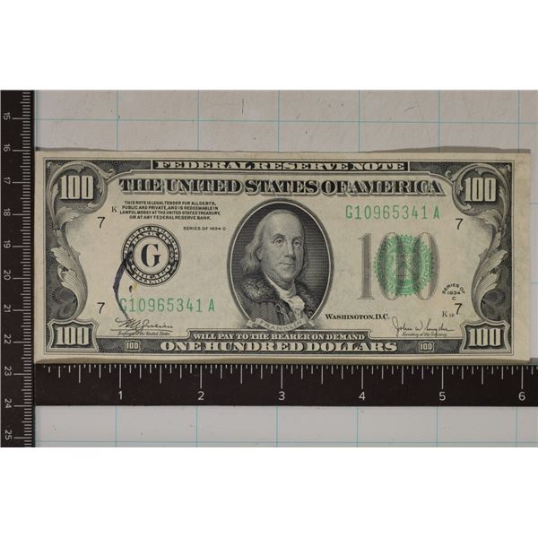 1934-C US $100 FRN CRISP STAIN ON THE LEFT SIDE
