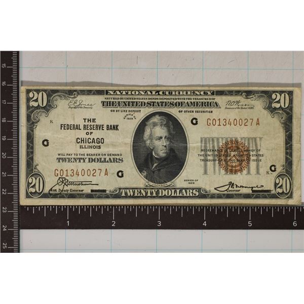 1929 US $20 NATIONAL CURRENCY BANK OF CHICAGO