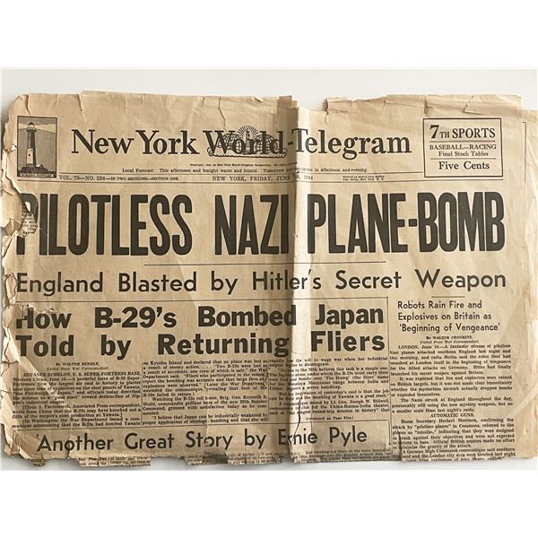 WWII 1944 New York World Telegram Vintage Newspaper