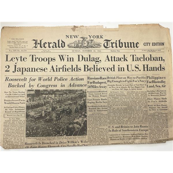 WWII 1944 New York Herald Tribune Original Vintage Newspaper