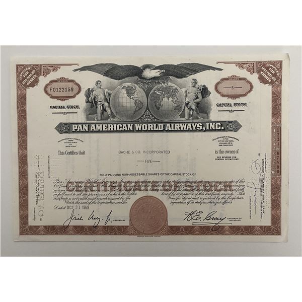 Pan American World Airways, INC Five Shares Certificate of Stock