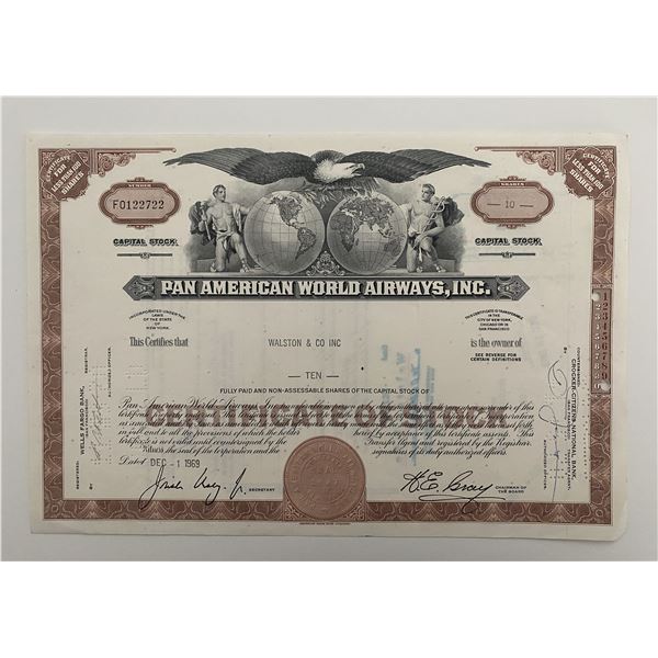 Pan American World Airways, INC Ten Shares Certificate of Stock