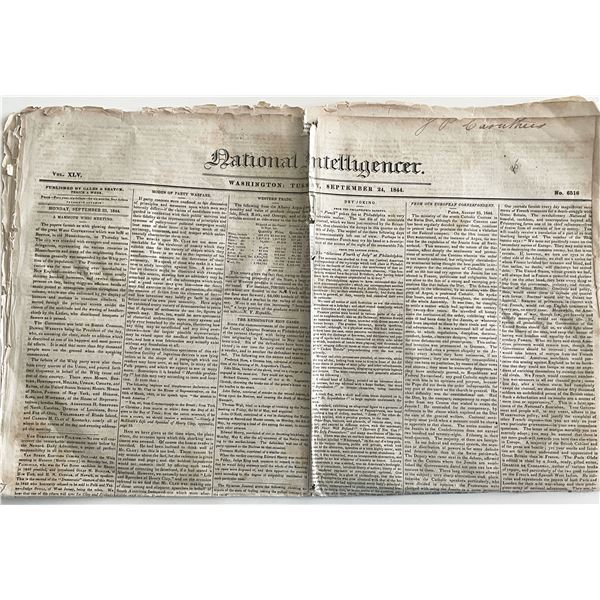 1844 Original Vintage National Intelligencer Newspaper - Washington