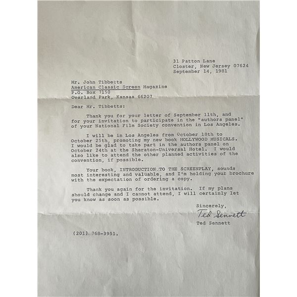 Author Ted Sennett signed letter