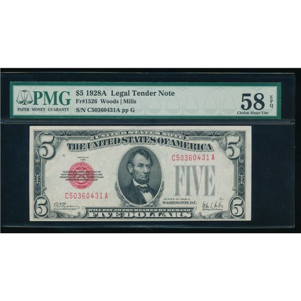 1928A $5 Legal Tender Note PMG 58EPQ