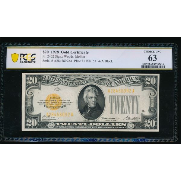 1928 $20 Gold Certificate PCGS 63