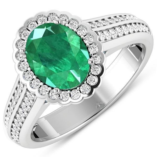 14KT White Gold 1.53ct Zambian Emerald and Diamond Ring