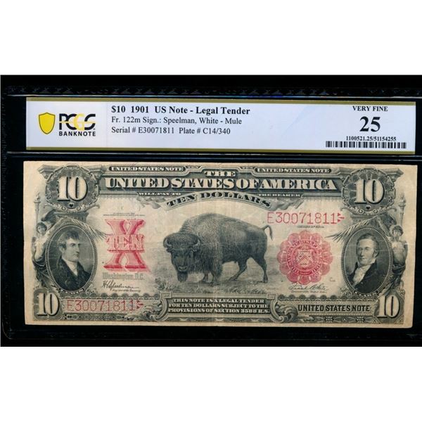 1901 $10 Bison Legal Tender Note PCGS 25