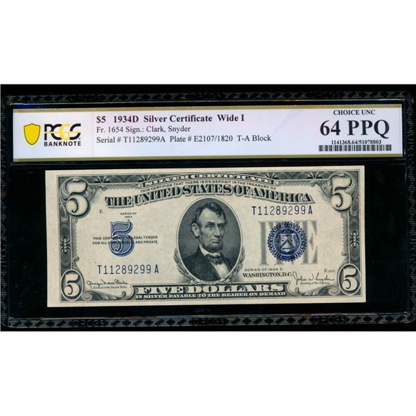 1934D $5 Silver Certificate PCGS 64PPQ
