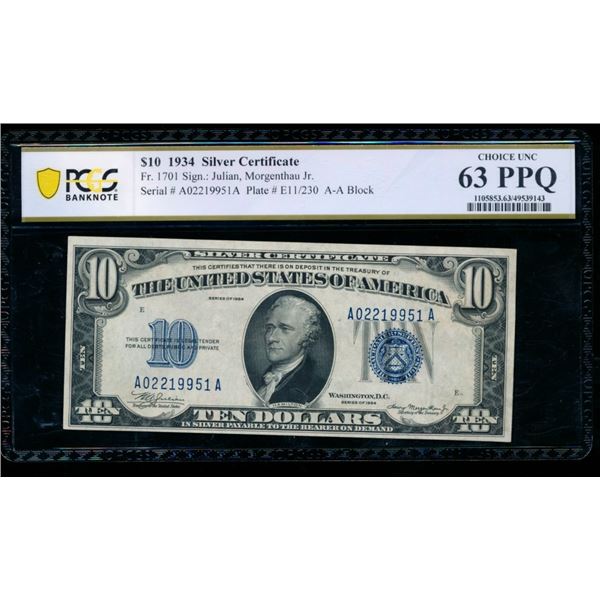 1934 $10 Silver Certificate PCGS 63PPQ