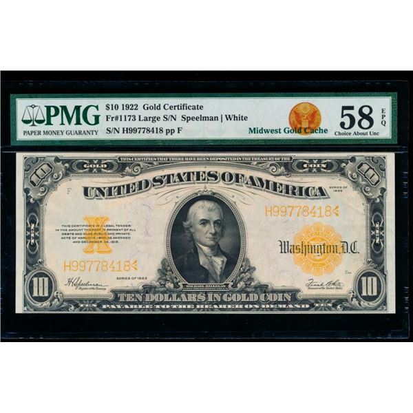 1922 $10 Gold Certificate PMG 58EPQ