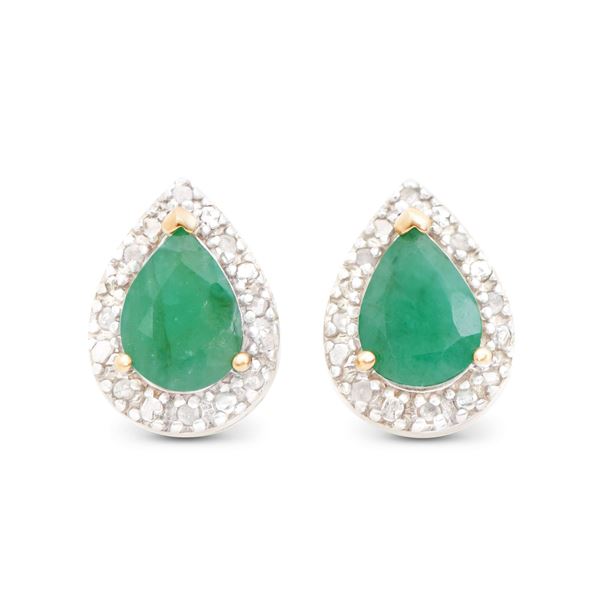 Plated 18KT Yellow Gold and Sterling Silver 2.05ctw Emerald and Diamond Earrings