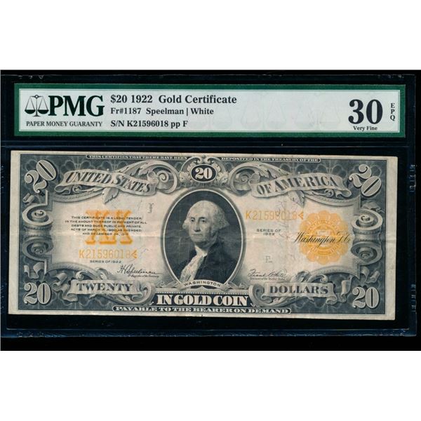 1922 $20 Gold Certificate PMG 30EPQ