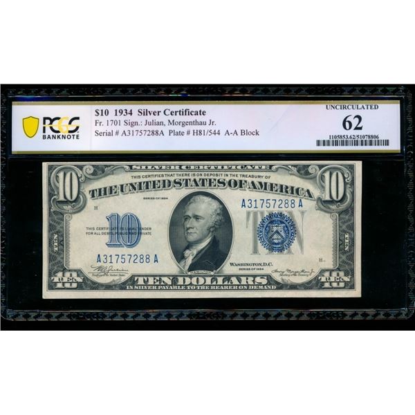 1934 $10 Silver Certificate PCGS 62