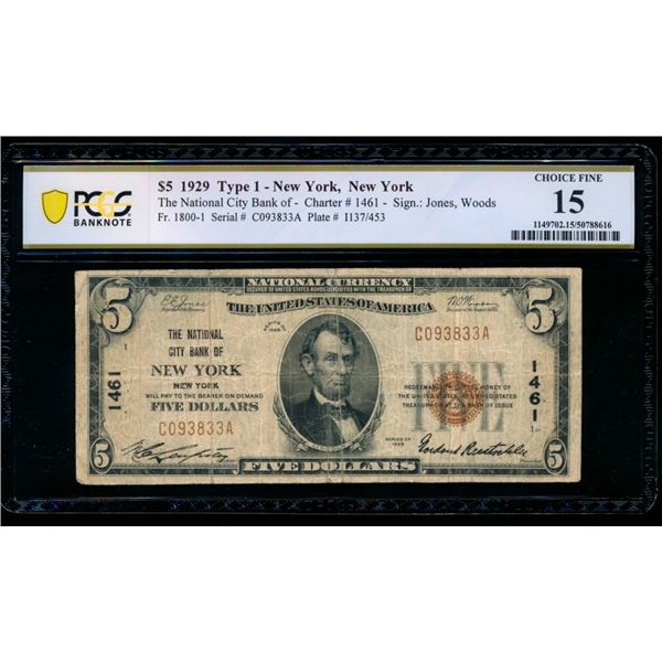 1929 $5 New York NY National PCGS 15