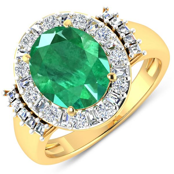 14KT Yellow Gold 3.14ct Zambian Emerald and Diamond Ring