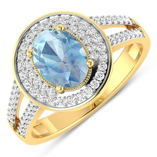 14KT Yellow Gold 0.96ctw Aquamarine and Diamond Ring