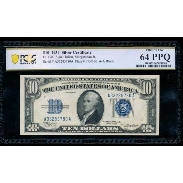 1934 $10 Silver Certificate PCGS 64PPQ