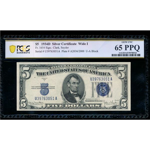 1934D $5 Silver Certificate PCGS 65PPQ